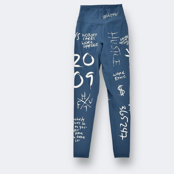 HTFU Hustle Grind USA Flag Grafitti Leggings Womens Sz XS Blue Hard To F*ck Up - Picture 1 of 7